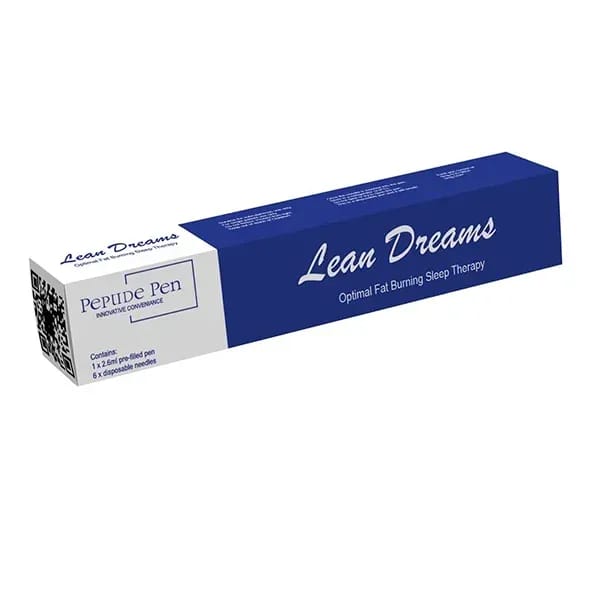 Lean Dreams Peptide Pen blue box packaging, fat burning sleep therapy injection with pre-filled pen and needles.
