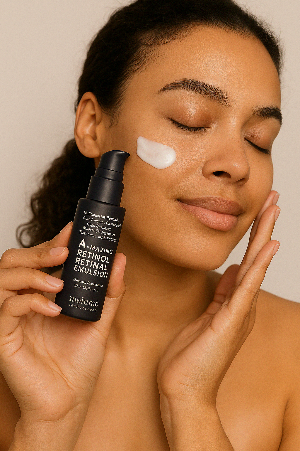 A young woman with glowing skin applies Melumé Skinscience A-mazing Retinol Retinal Emulsion to her cheek, holding the sleek dark bottle, showcasing effective skincare for anti-aging and radiant skin.
