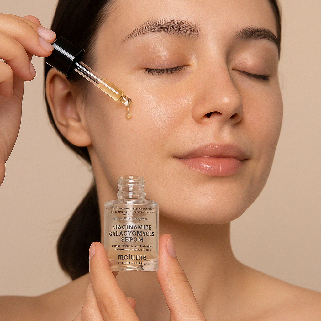 A young woman with clear, radiant skin applies Melumé Skinscience Niacinamide Galactomyces Serum to her cheek using a dropper, highlighting skincare benefits for minimizing pores, reducing blemishes, and balancing sebum.