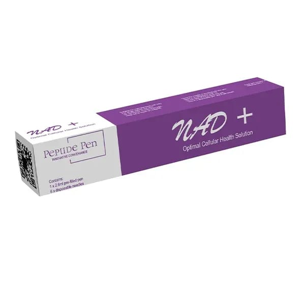 NAD+ Peptide Pen purple box packaging, optimal cellular health solution injection with pre-filled pen and needles.