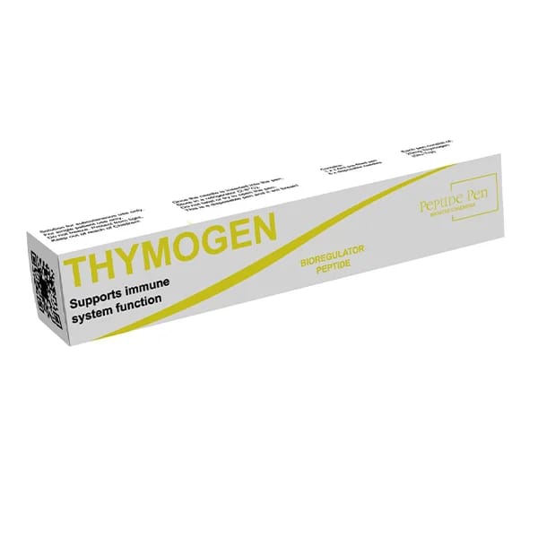 Thymogen Peptide Pen white and yellow box packaging, bioregulator peptide for immune system function support.