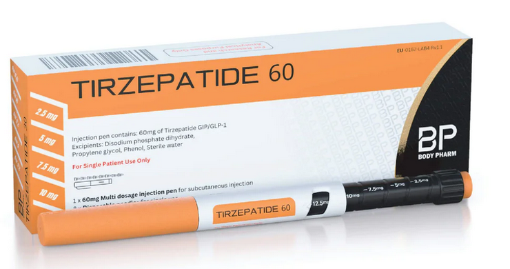 Tirzepatide 60 packaging with a pen on a white background