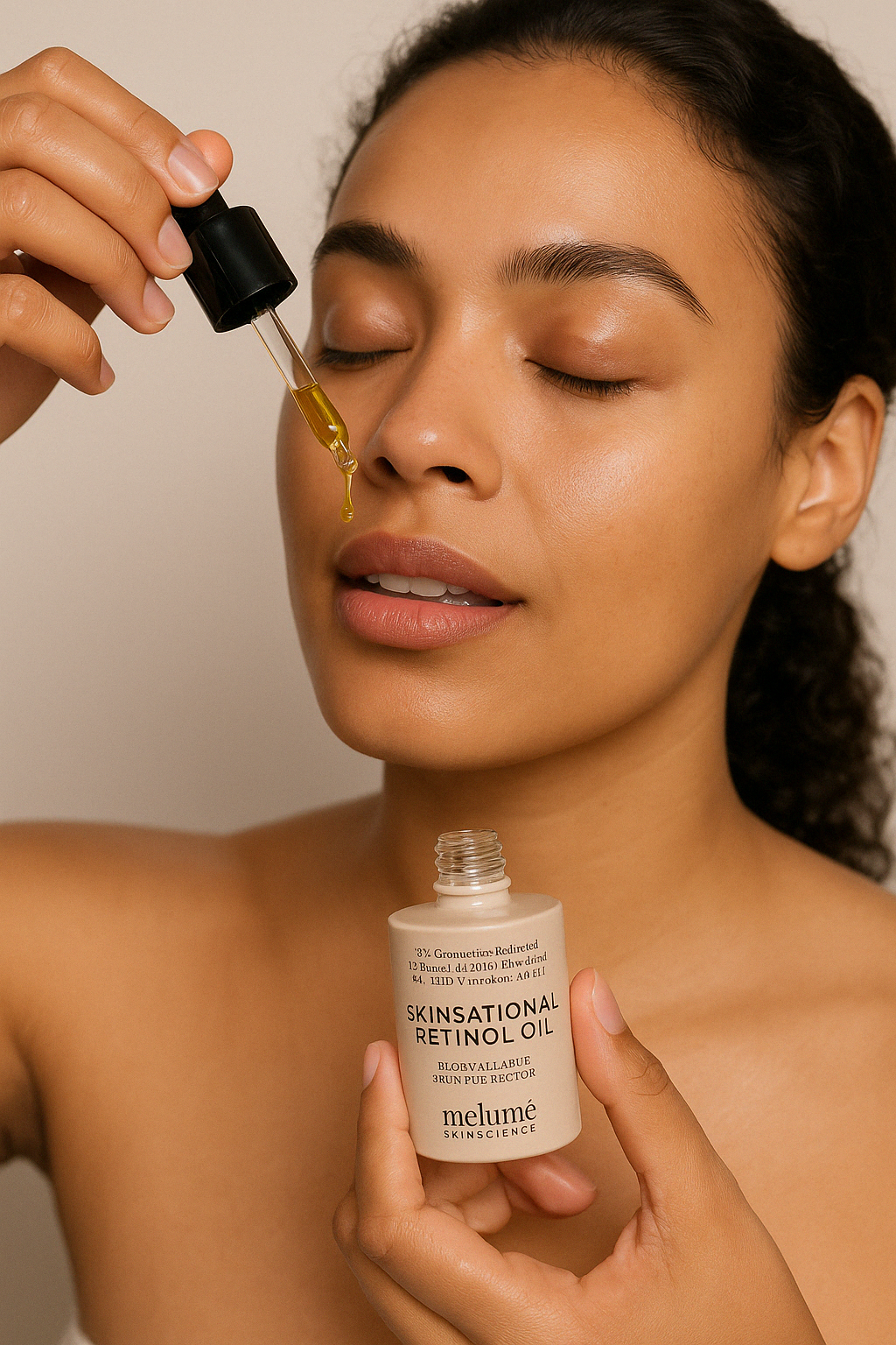 A young woman with glowing skin gently applies a golden drop of Melumé Skinscience Skinsational Retinol Oil to her face using a dropper, with her eyes closed in a serene expression.