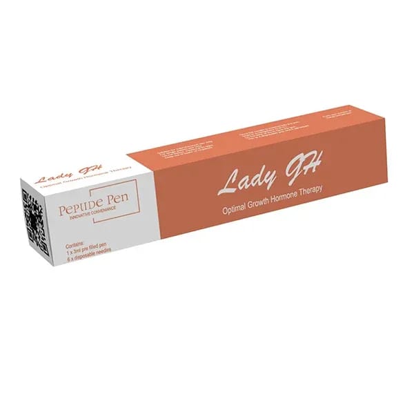 Lady GH Peptide Pen salmon box packaging, optimal growth hormone therapy for women, pre-filled pen and needles.