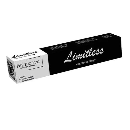 Limitless Peptide Pen black box packaging, mitochondrial energy stack with NAD+, MOTS-c and 5-Amino-1MQ pre-filled pen.