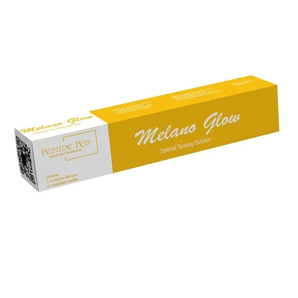 Melano Glow Peptide Pen yellow box packaging, Melanotan 2 tanning solution with pre-filled pen and needles.