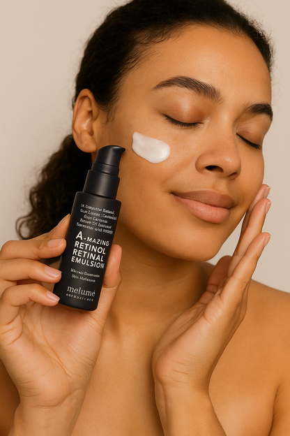 A young woman with glowing skin applies Melumé Skinscience A-mazing Retinol Retinal Emulsion to her cheek, holding the sleek dark bottle, showcasing effective skincare for anti-aging and radiant skin.