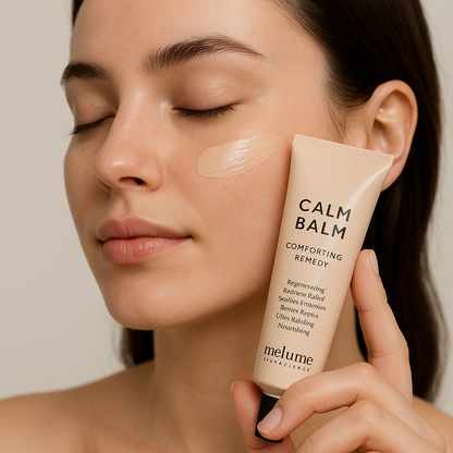 A young woman with fair skin applies Melumé Calm Balm to her cheek while holding the product tube, her eyes closed and expression serene, showcasing skincare application.