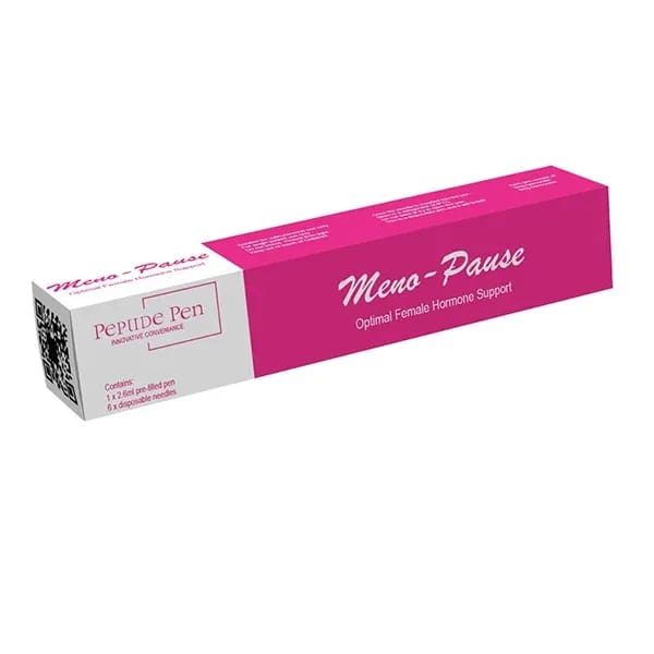 Meno-Pause Peptide Pen pink box packaging, optimal female hormone support injection with pre-filled pen and needles.
