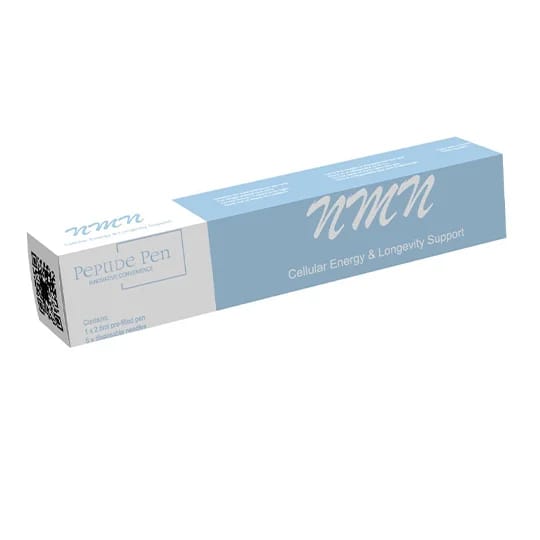 NMN Peptide Pen light blue box packaging, cellular energy and longevity support injection with pre-filled pen and needles.