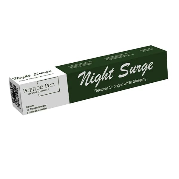 Night Surge Peptide Pen dark green box packaging, muscle recovery and strength support injection with pre-filled pen.