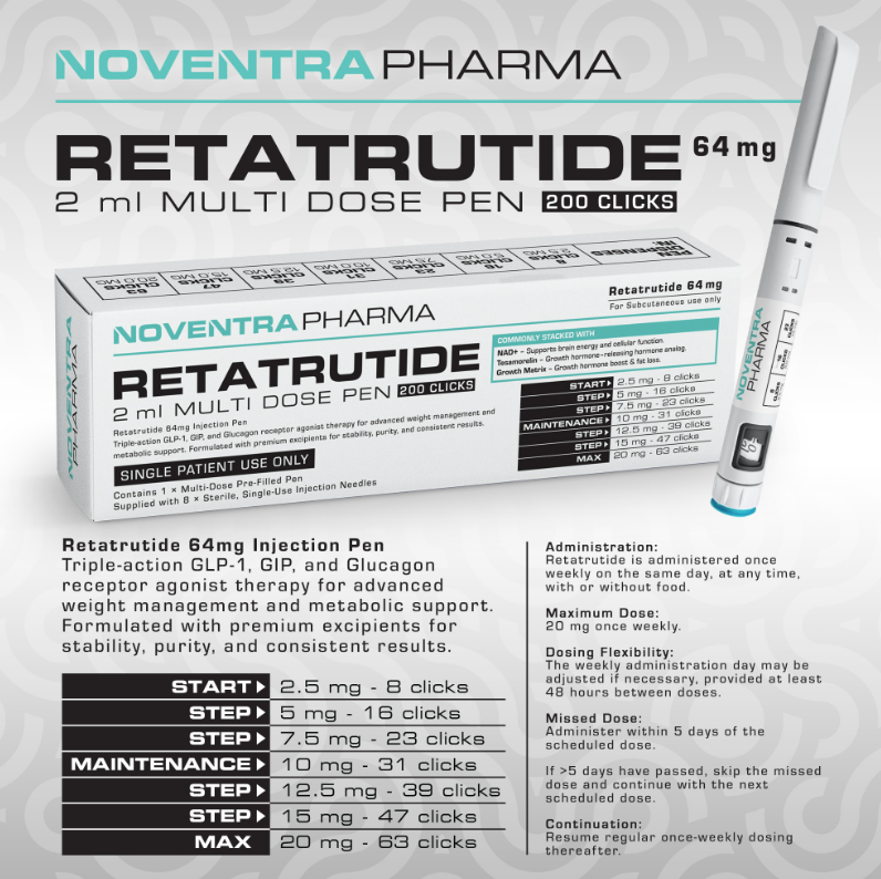 Noventra Pharma Retatrutide multi-dose pen packaging with pen and box on a light gray background