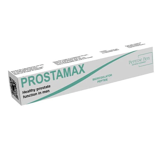 Prostamax Peptide Pen white and teal box packaging, bioregulator peptide for healthy prostate function in men