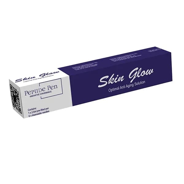 Skin Glow Peptide Pen dark purple box packaging, optimal anti-aging solution injection with pre-filled pen and needles.