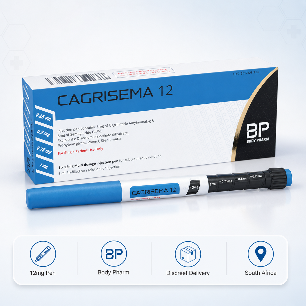 Cagrisema 12mg Pen by Body Pharm with product box and injectable pen, showing discreet delivery and South Africa ordering information.