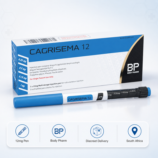 Cagrisema 12mg Pen by Body Pharm with product box and injectable pen, showing discreet delivery and South Africa ordering information.