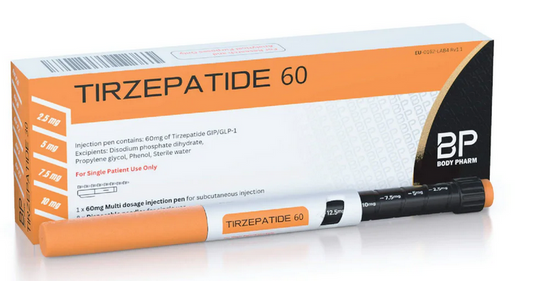 Tirzepatide 60 packaging with a pen on a white background